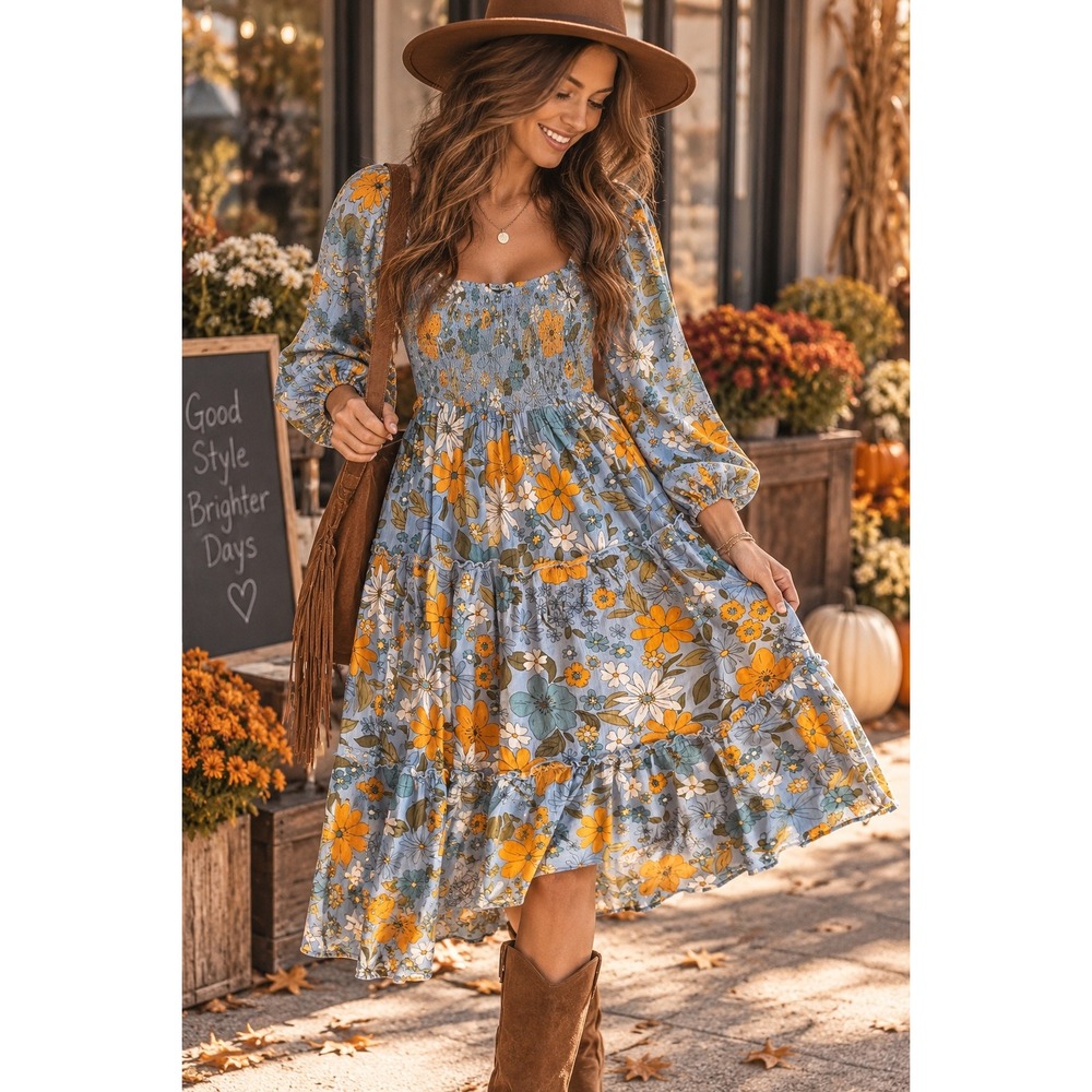 Angie Floral Smocked Maxi Dress Blue Yellow Boho Tiered Puff Sleeve Medium